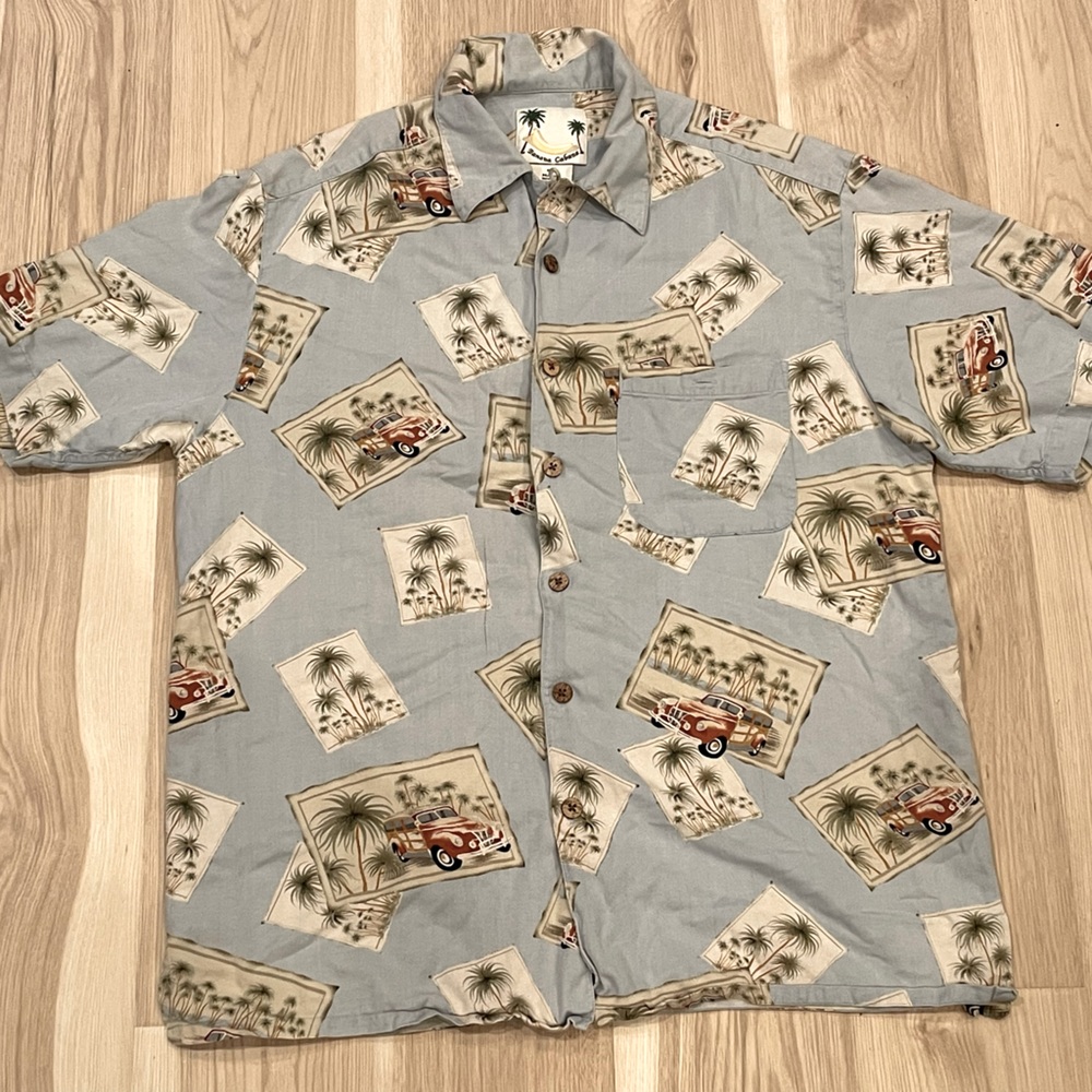 Banana Cabana Mens M 100% Silk Blue Hawaiian Camp Shirt Palm Trees Woodie Car